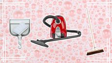 A pink bubbly background with white borders and cut outs of a dust pan and brush, vacuum cleaner and broom.