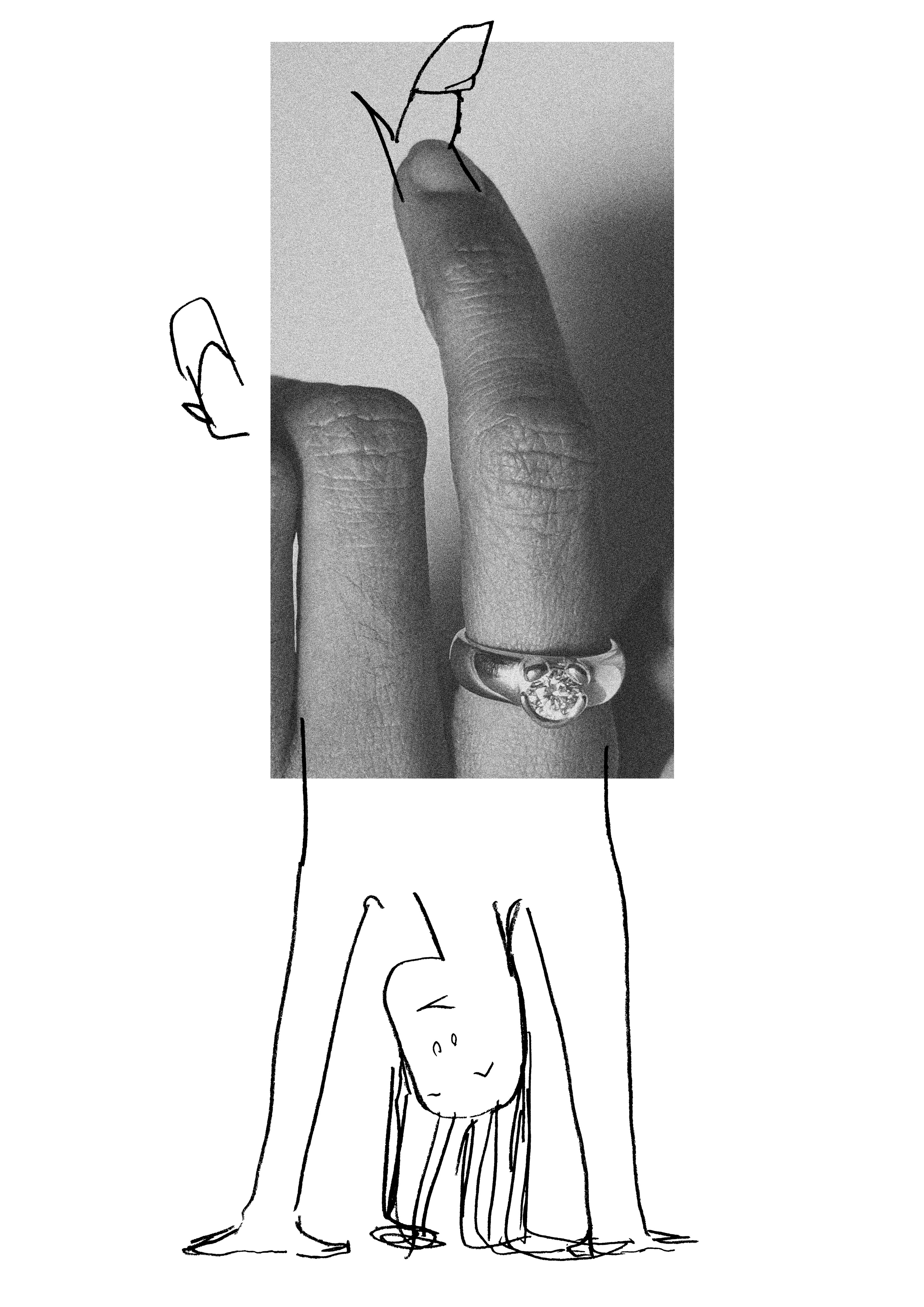 diamond rings in black and white, against the backdrop of pencil drawings of people
