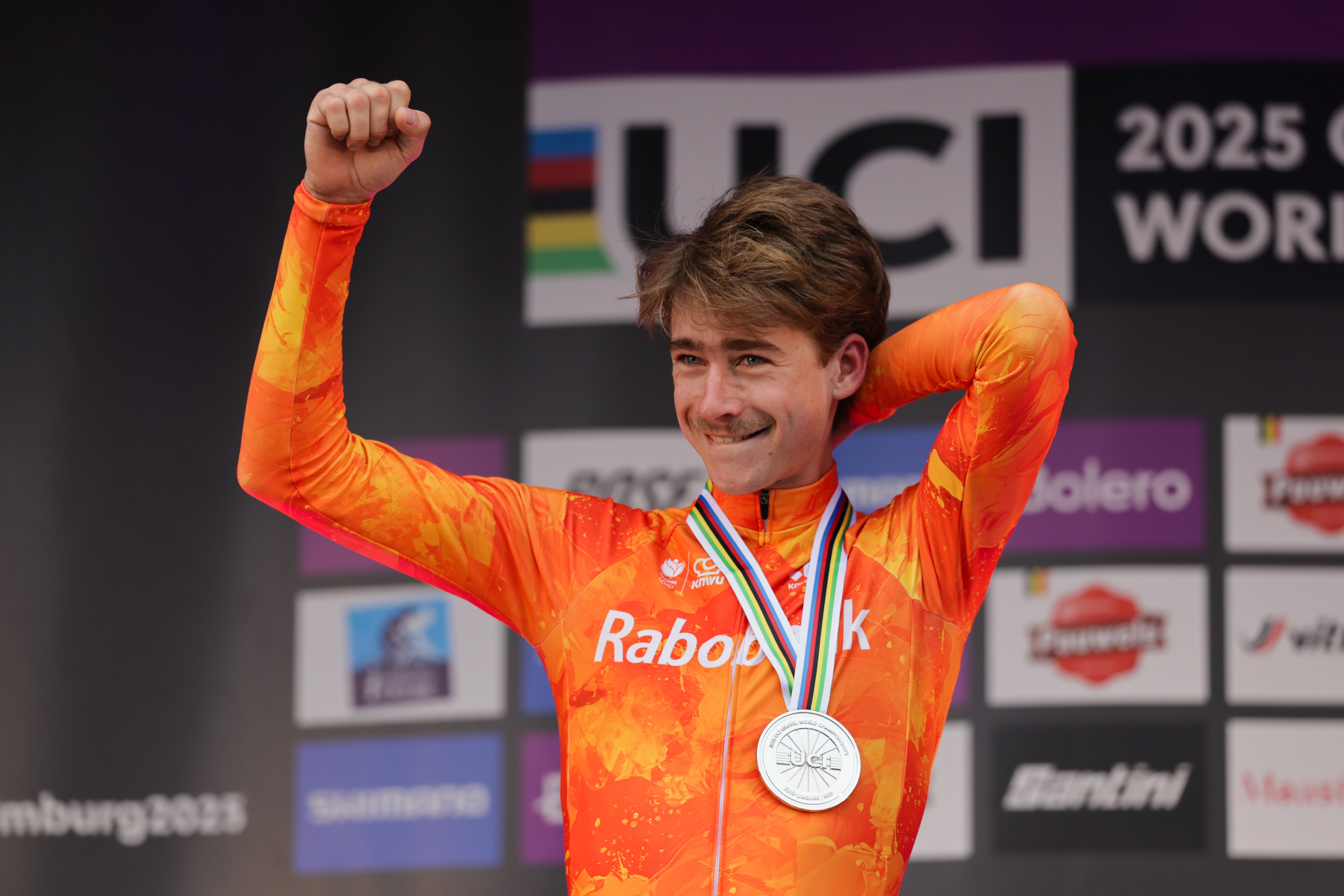 Mandatory Credit: Photo by Alex Whitehead/SWpix.com/Shutterstock (15532884cv)
Cycling - 2025 UCI Gravel World Championships, Zuid-Limburg, Netherlands - Men Elite Race Podium - Frits Biesterbos (Netherlands) receiving the Silver Medal
2025 UCI Gravel World Championships - 12 Oct 2025