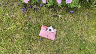 Tile Pro in pink purse lying on grass outside