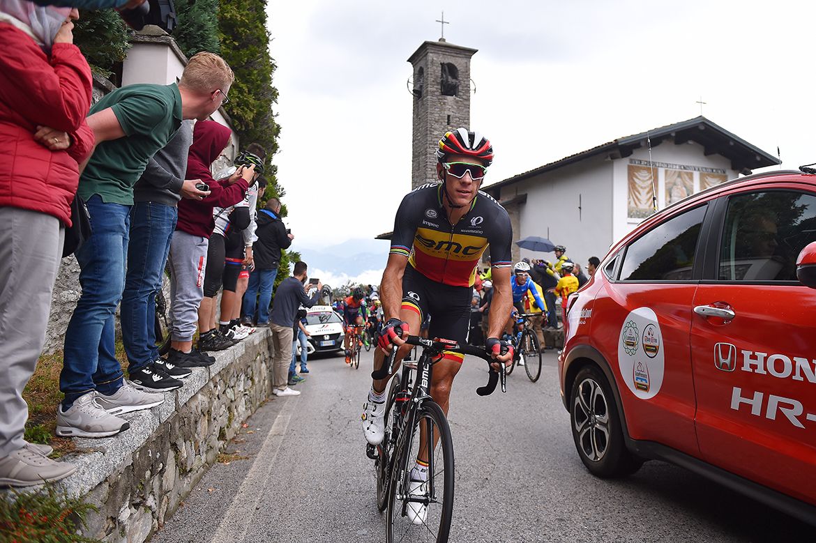 Philippe Gilbert (BMC) back in the cars atop the Ghisallo