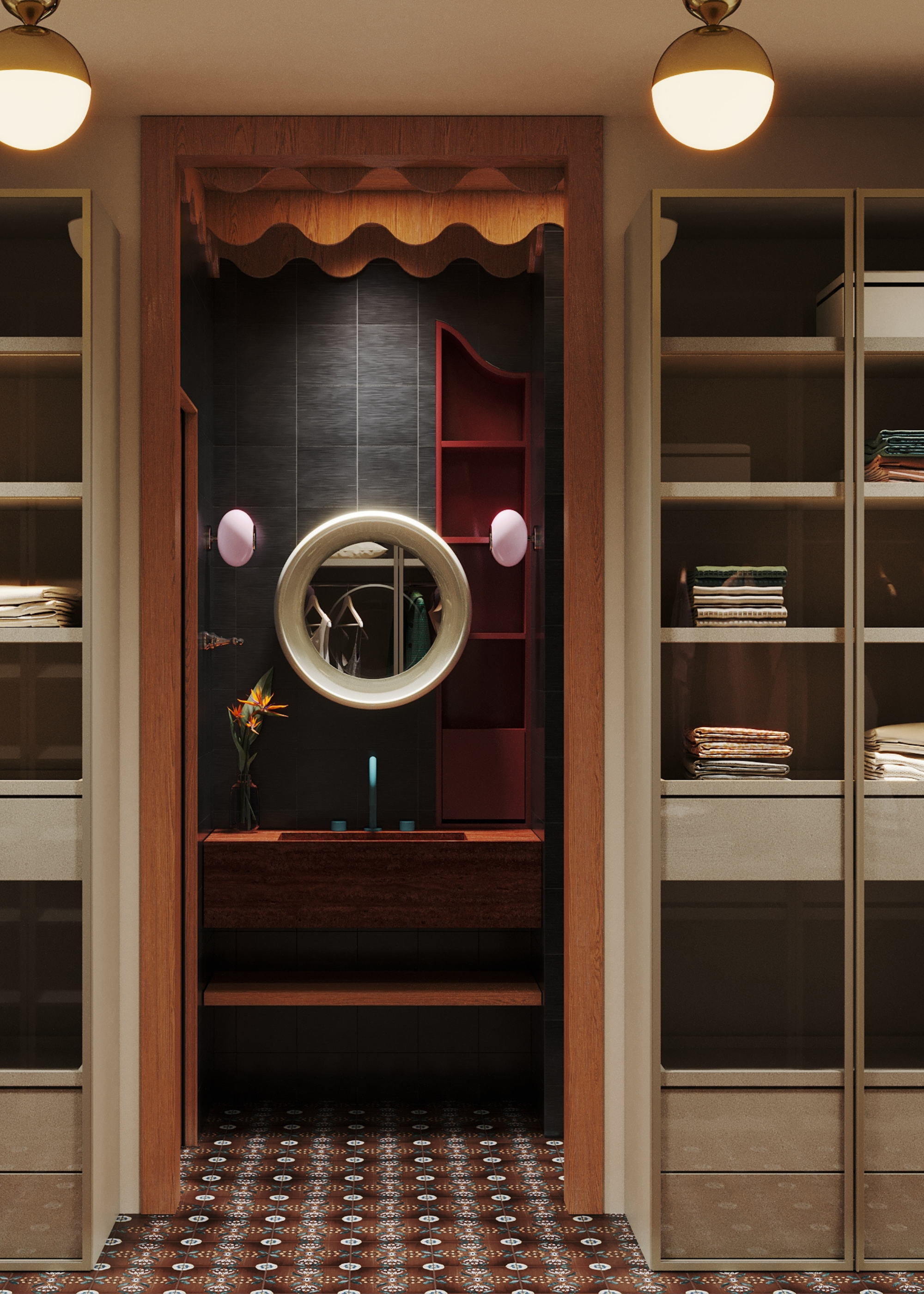 A bathroom attached to a walk-inwardrobe with pattern tiled floors, glass and wood cabinets and overhead lighting