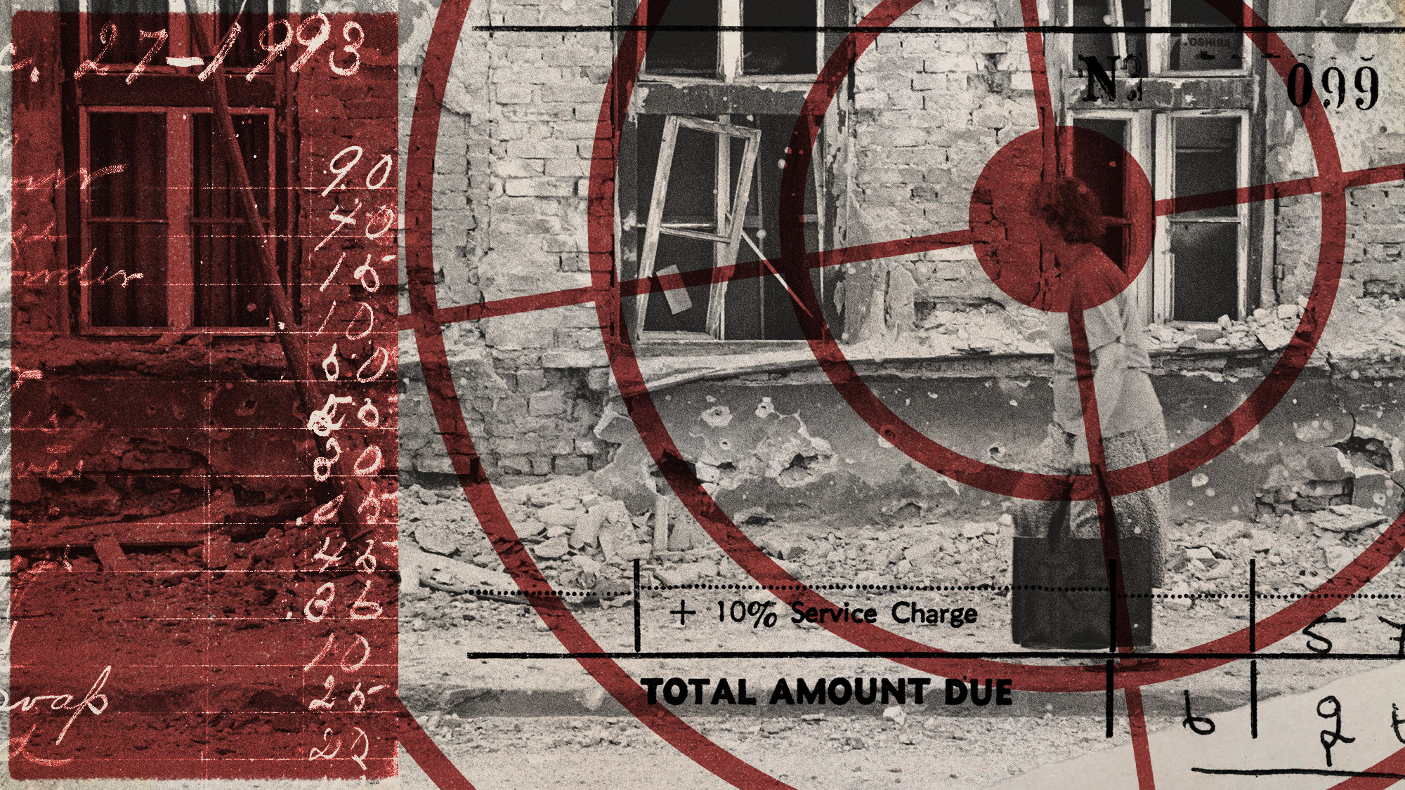 Photo collage of a historical photo of a woman walking through a Sarajevo street destroyed by Serbian shelling. She is seen though the scope of a rifle, and a price list is shown below with a "TOTAL AMOUNT DUE" writing at the bottom.