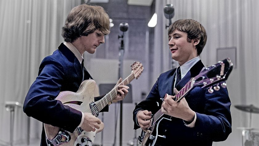 Jim McGuinn (later referred to as Roger McGuinn) and David Crosby of The Byrds at a recording session in Los Angeles, California, January 28, 1965. 