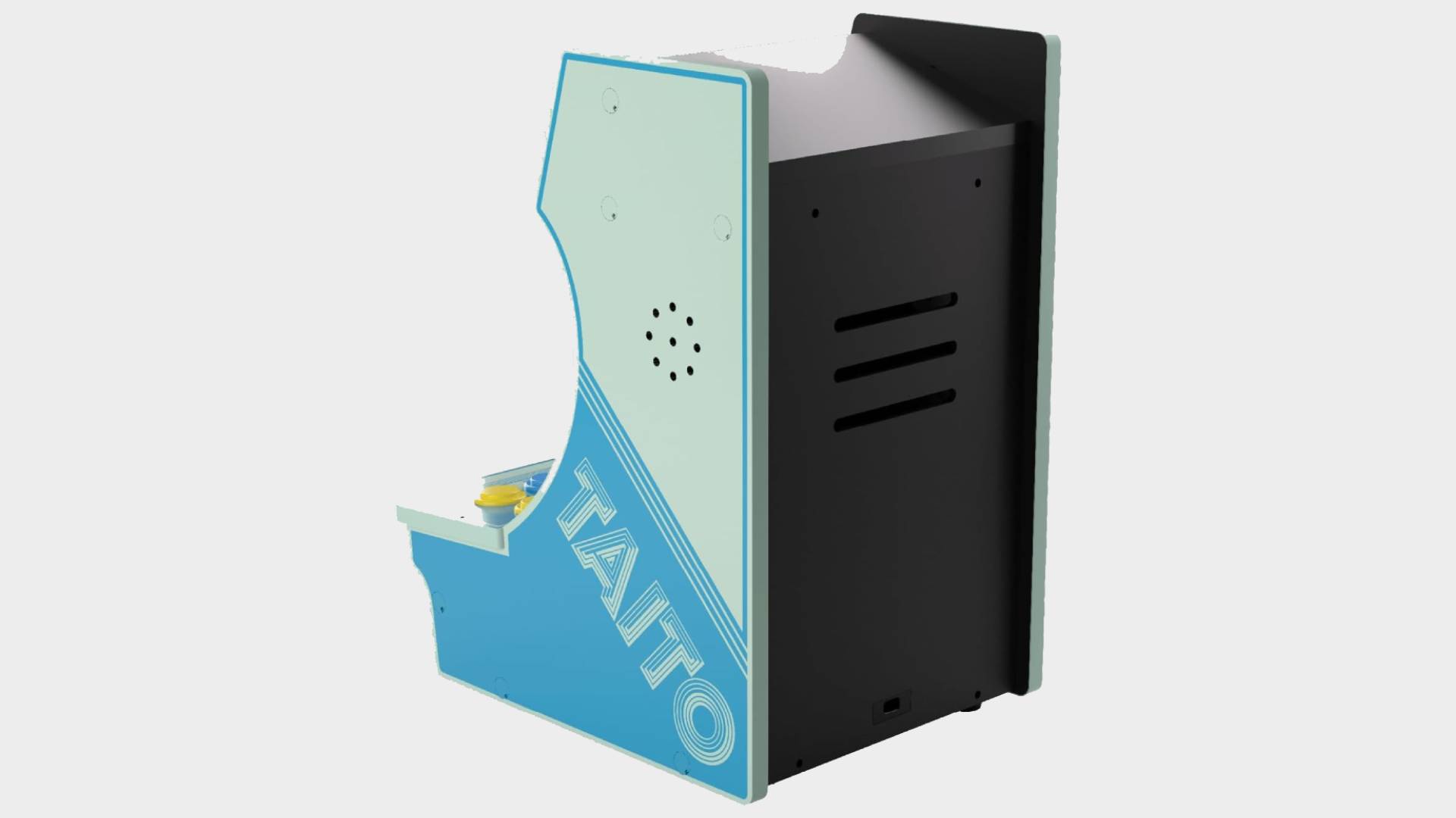 Back view of Evercade Alpha Taito Edition with black shell and side blue decals.