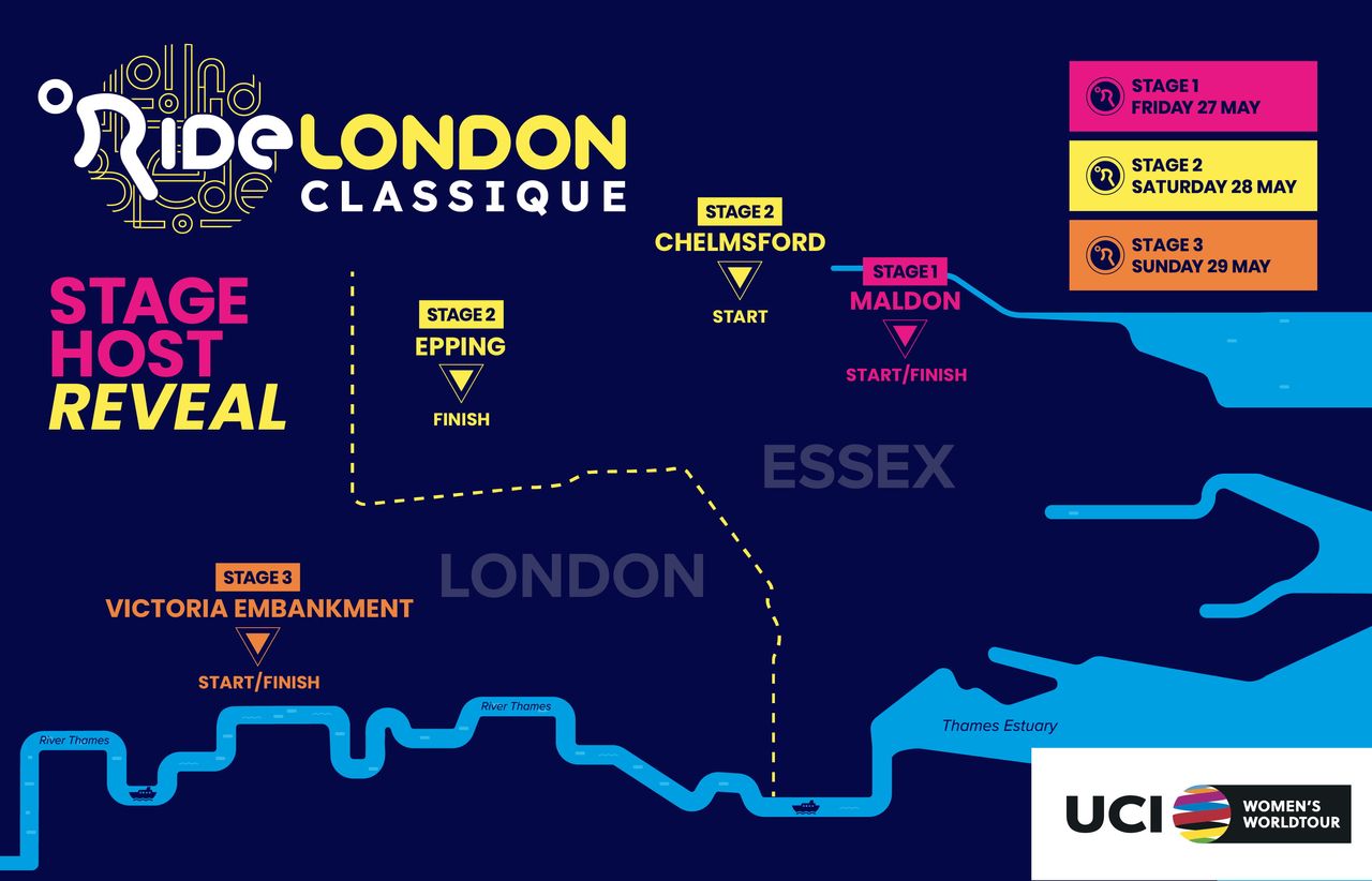 Route map for three days of racing at 2022 RideLondon Classique