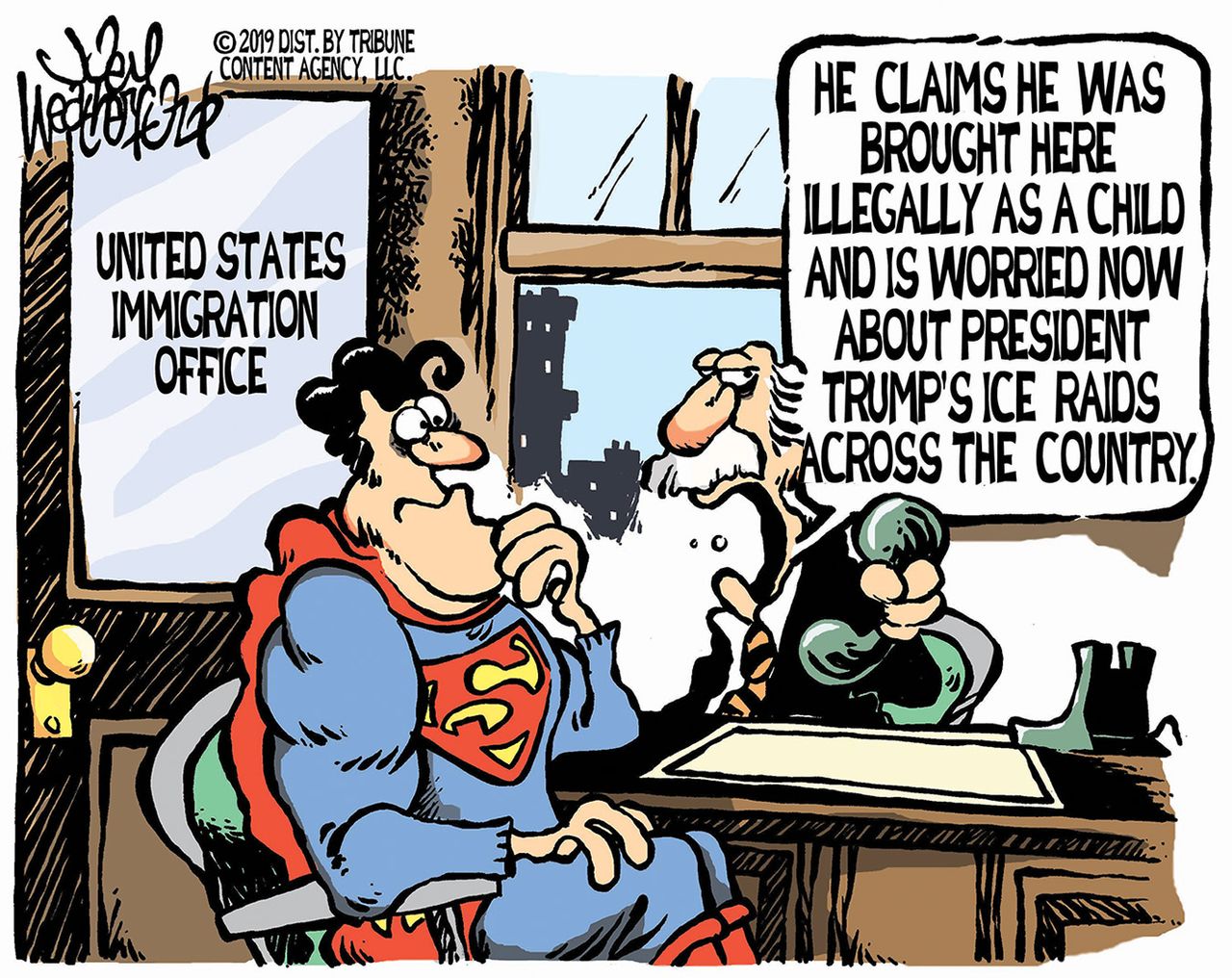 Political Cartoon U.S. Immigration Office Superman ICE Raids