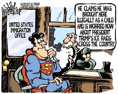 Political Cartoon U.S. Immigration Office Superman ICE Raids