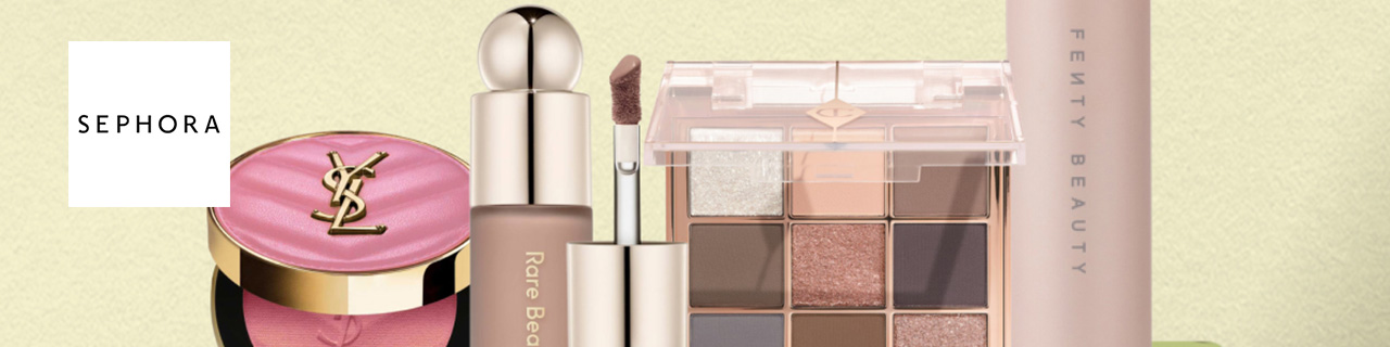 Sephora logo placed over makeup products