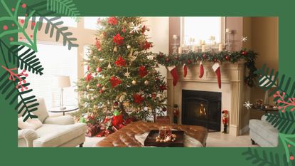 Living room with large Christmas tree to support how to keep a Christmas tree alive