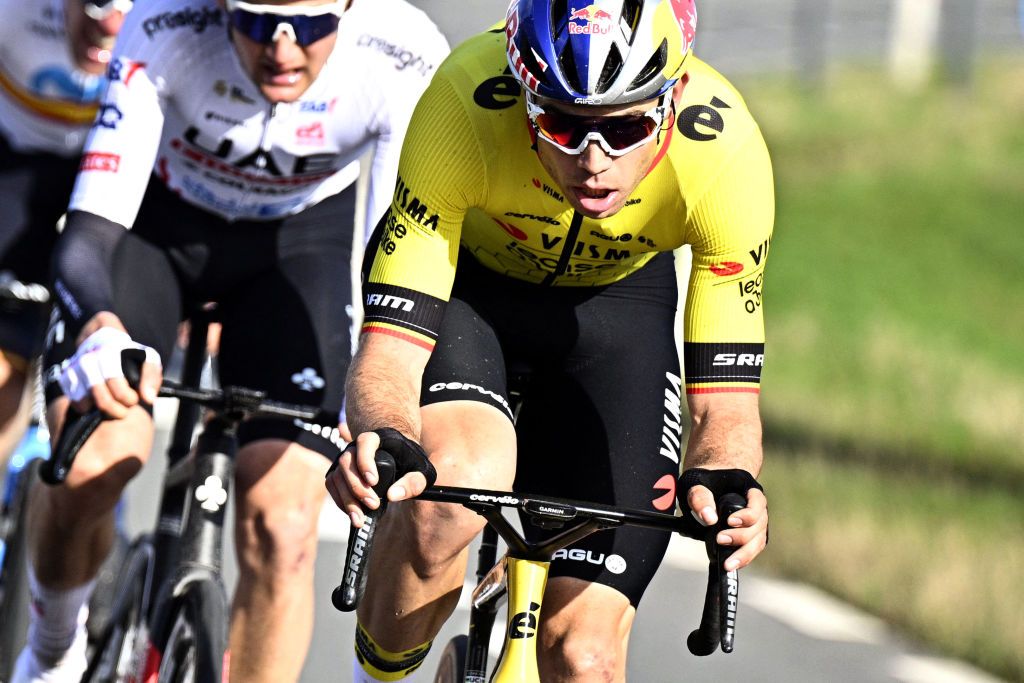Team Visma-Lease a Bike's Belgian cyclist Wout van Aert competes during the Kuurne-Brussels-Kuurne one day cycling race, 196,4 km from Kuurne to Kuurne via Brussels, in Kortrijk on February 25, 2024. (Photo by JASPER JACOBS / Belga / AFP) / Belgium OUT