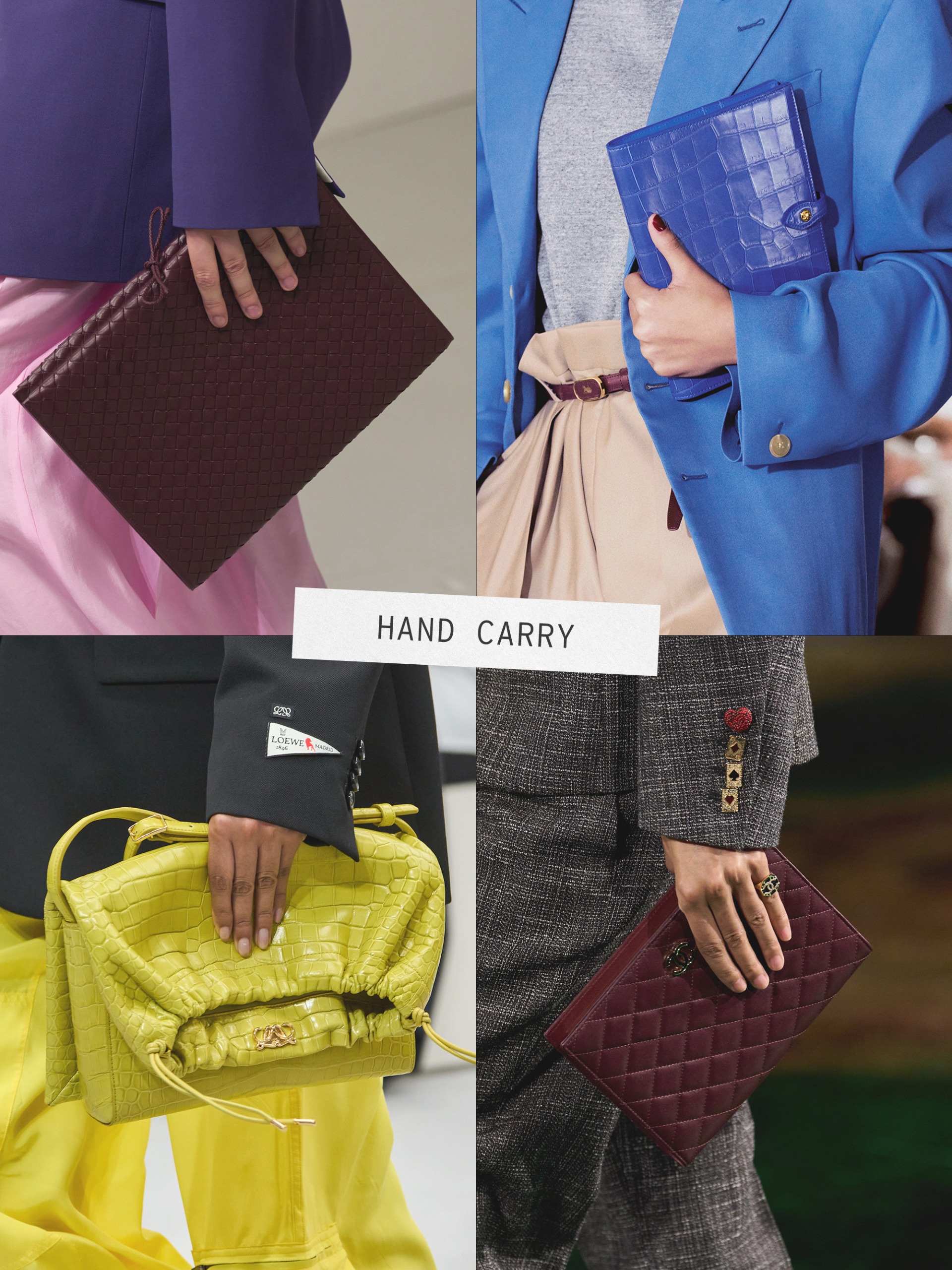 A collage of runway images featuring the major handbag trends of spring/summer 2027.