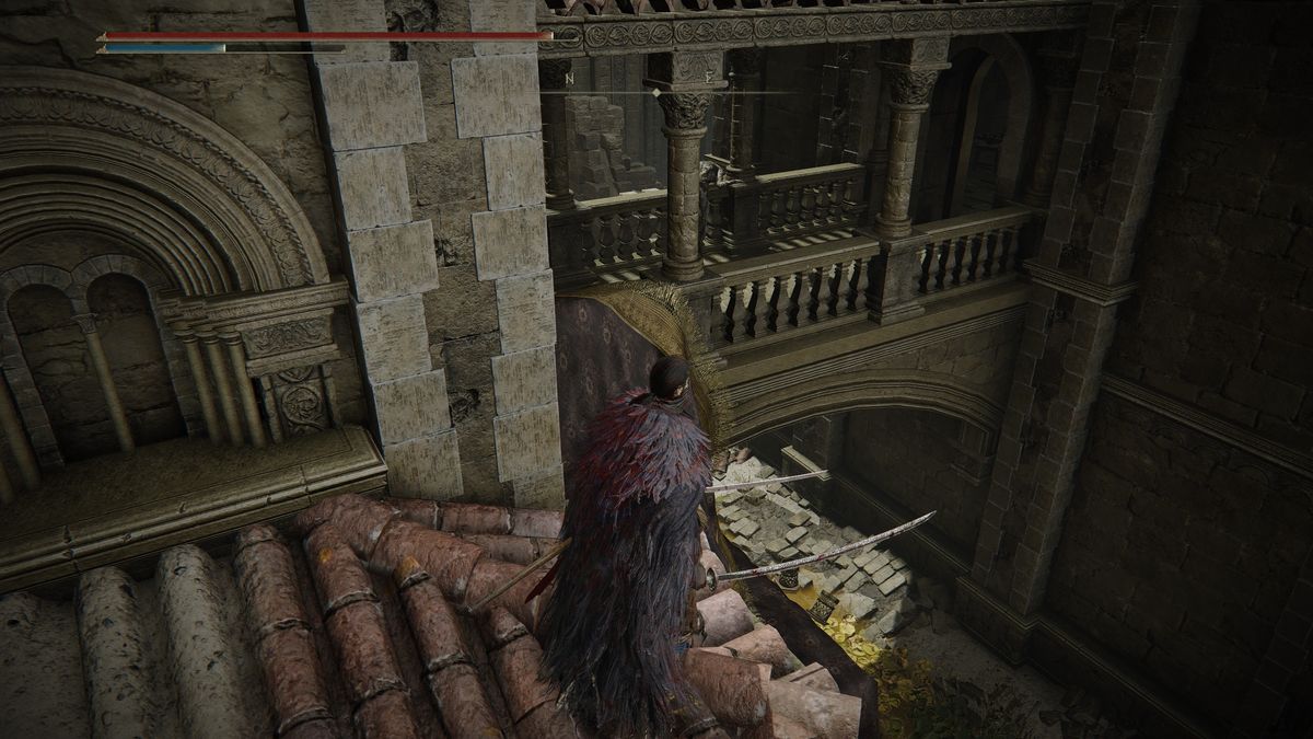 Elden Ring ninja character exploring Belurat Tower Settlement showing location of Well Depths Key and the well to use it in