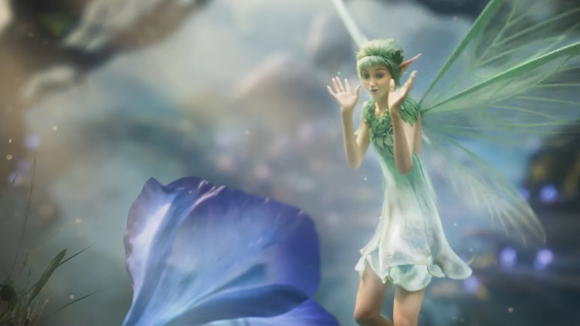 Screenshot from Fable's cinematic reveal trailer.  Fairy looking at a flower