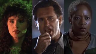 Screenshots of Geena Davis in Beetlejuice, Bill Pullman in Independence Day, Alfre Woodard in Star Trek: First Contact