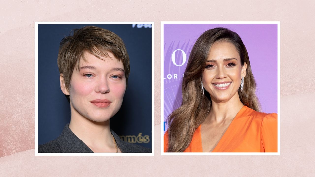  Léa Seydoux is pictured with a cool brunette pixie cut, alongside Jessica Alba, who is pictured with glossy &quot;Taupe Brown&quot;-like hair/ in a pink watercolour template