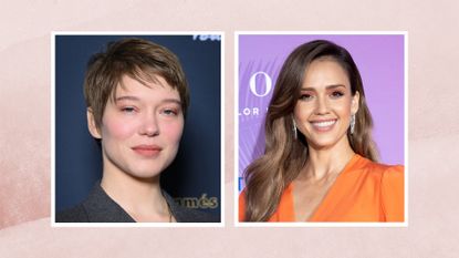 Léa Seydoux is pictured with a cool brunette pixie cut, alongside Jessica Alba, who is pictured with glossy "Taupe Brown"-like hair/ in a pink watercolour template