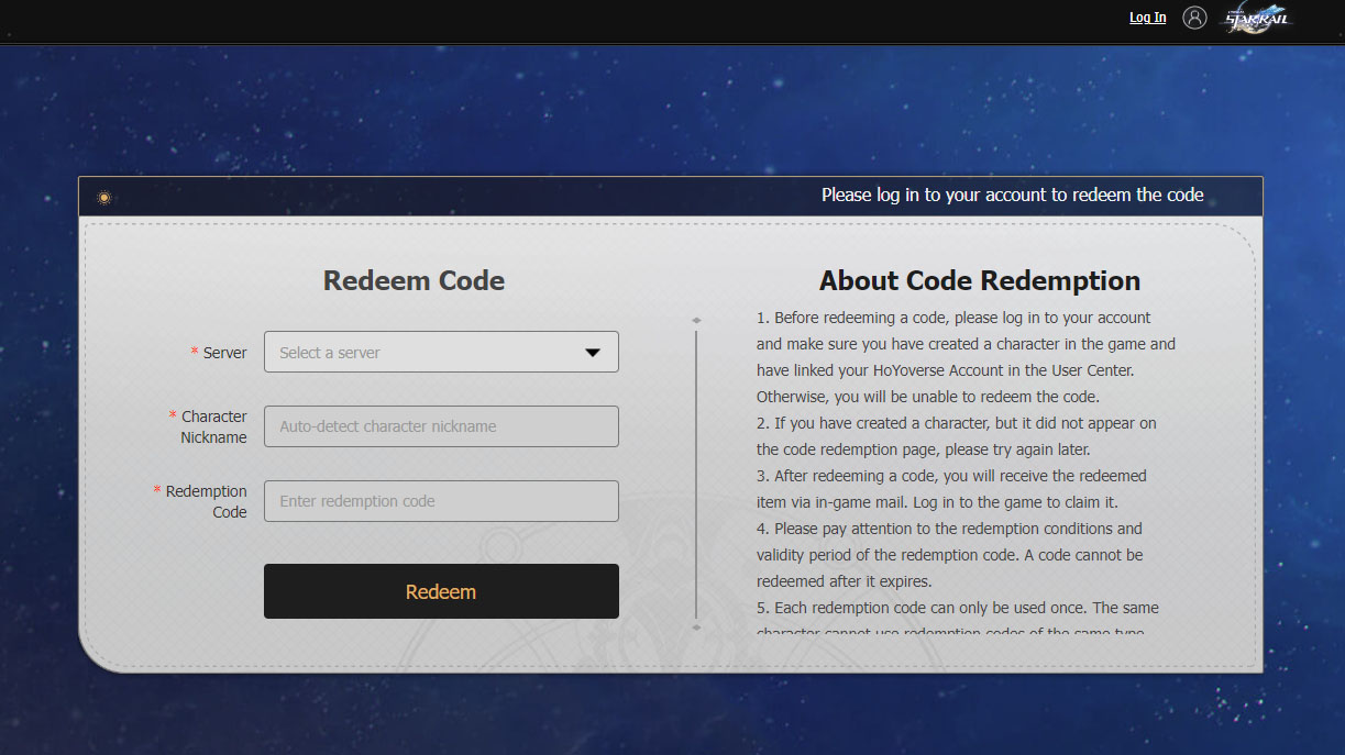 Honkai: página de códigos de canje de Star Rail.
