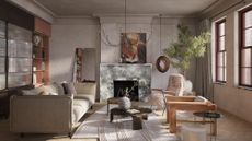 Living room with fluted plaster and beige limewash walls, beige sofa and marble fireplace