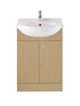 Vanity Unit with Basin, two cupboard doors with oak effect finish under white sink