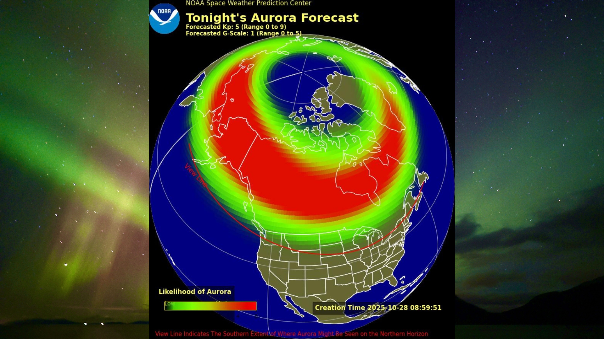 Aurora forecast map from NOAA for the night of Oct. 28–29, 2025, showing the auroral oval stretching over Canada and the northern U.S., including parts of Alaska, Washington, Idaho, Montana, the Dakotas, Minnesota, Wisconsin, Michigan, New York, Vermont, and New Hampshire. A red view line curves across the northern U.S., indicating where the aurora might be visible on the northern horizon if conditions are right.