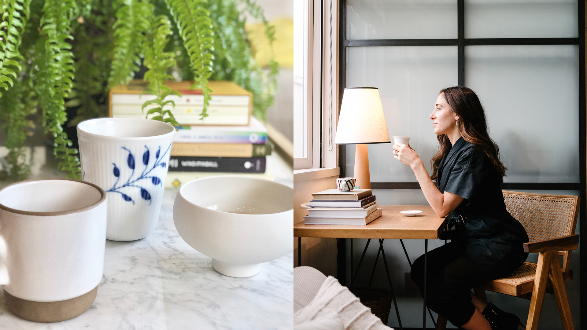 Image of Royal Copenhagen teacup and woman drinking tea at desk