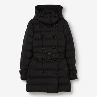 black quilted double breasted and belted Burberry coat