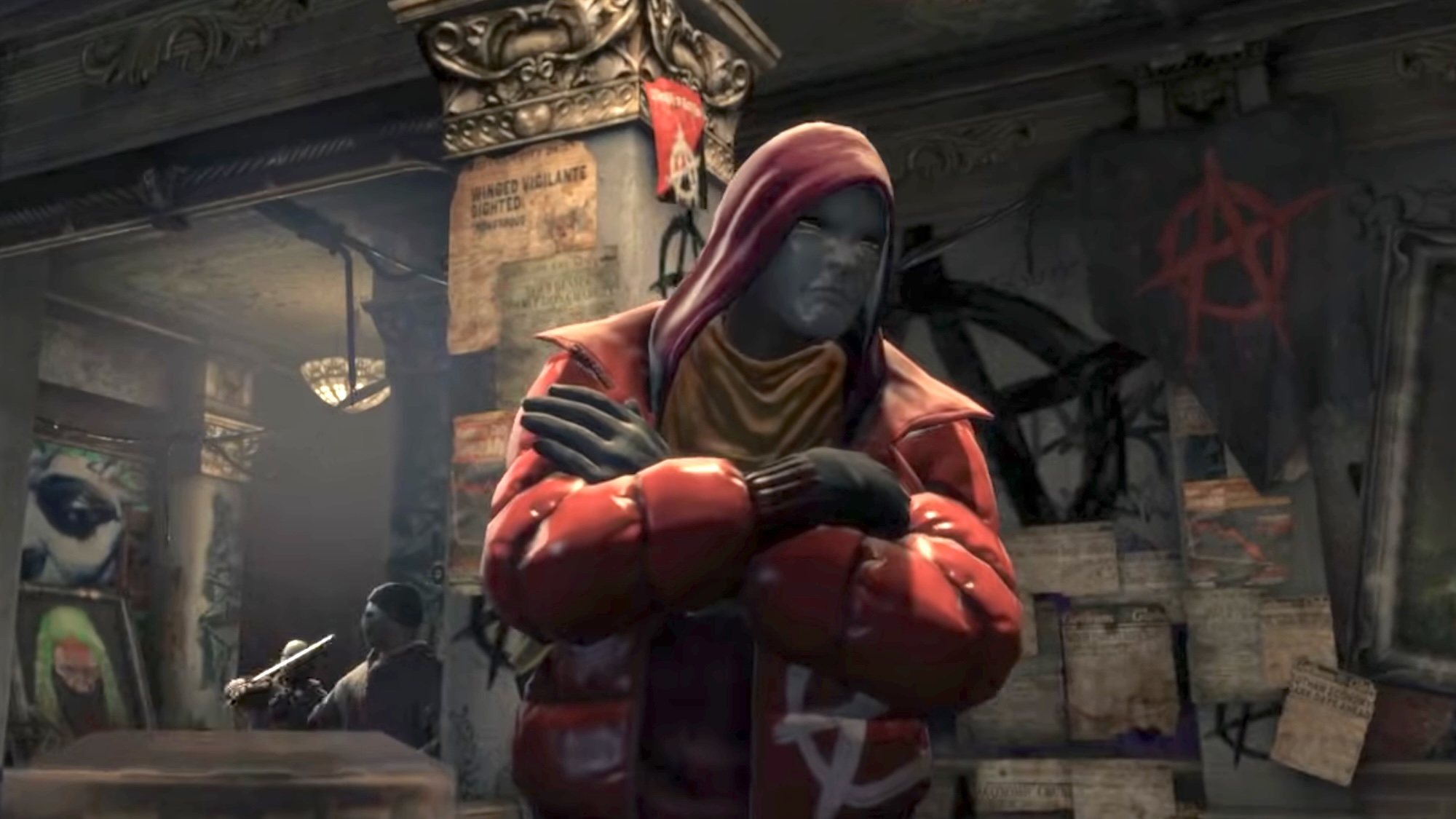 Anarky in his lair with arms cross in Batman: Arkham Origins