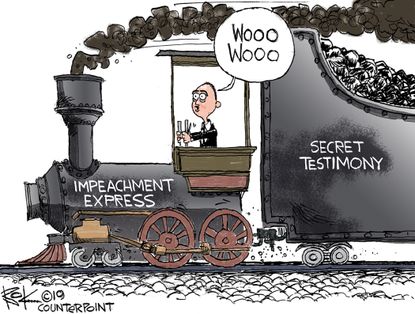 Political Cartoon U.S. Adam Schiff Trump Impeachment secret Testimony