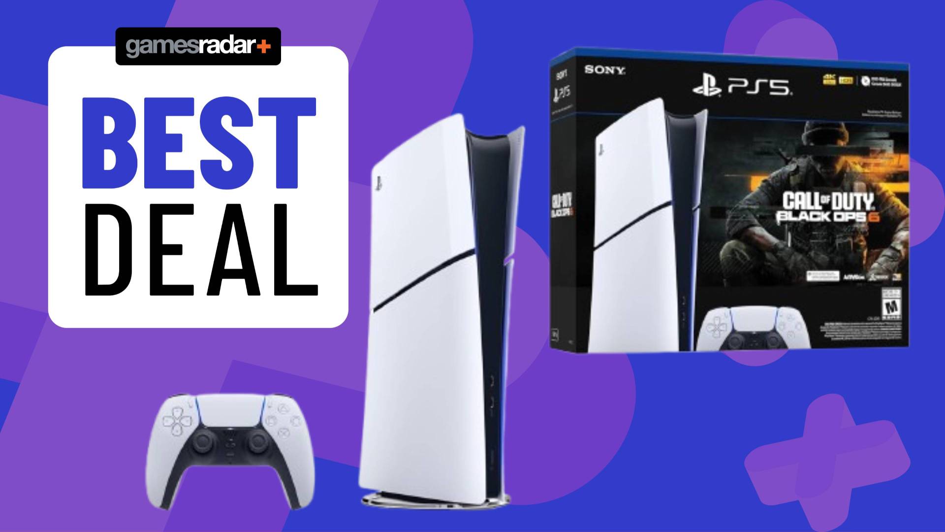 Image of the Sony PS5 Slim console sitting on a blue GamesRadar+ background, with the box art for the Call of Duty Black Ops 6 bundle sitting next to it.