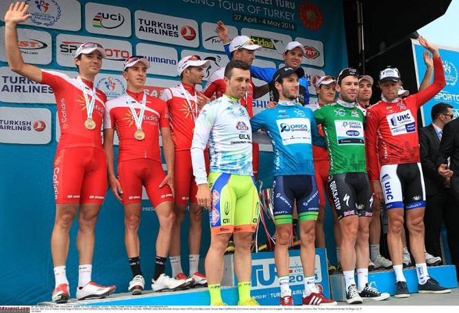 Team Cofidis, Mattia Pozzo in the white jersey, Marc Demaar in the red jersey, Adam Yates in the blue jersey and Mark Cavendish in the green jersey