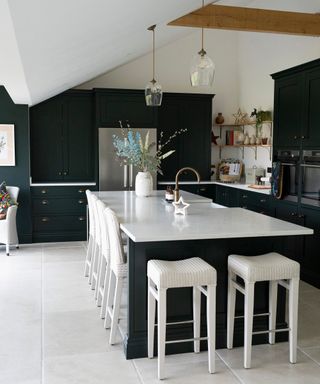 navy and white kitchen with large kitchen island