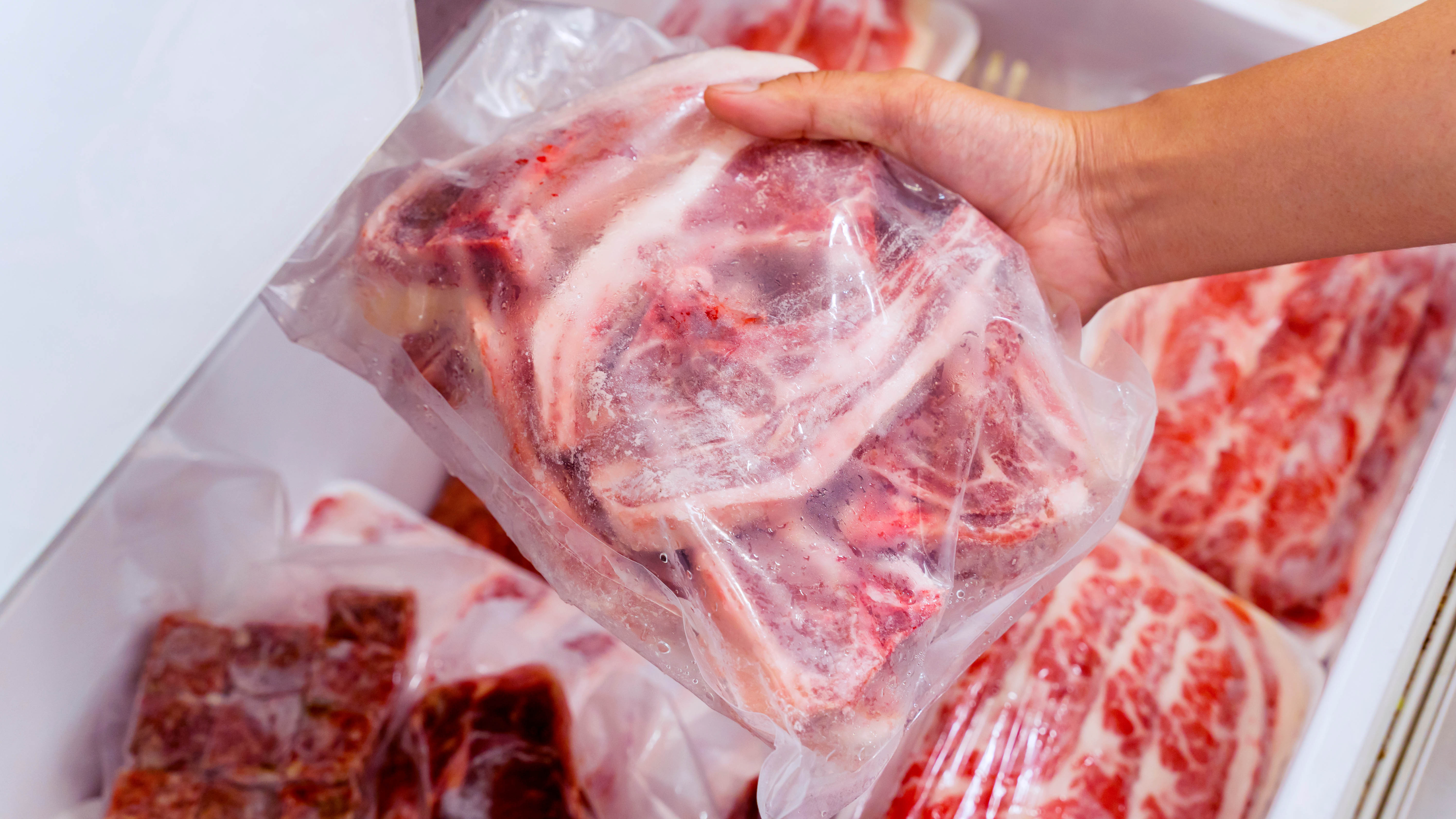 Carnes congeladas na gaveta do freezer