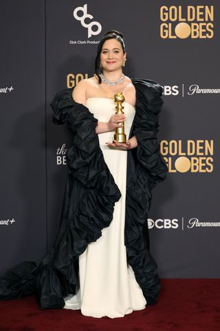 Lily Gladstone, winner of the Best Performance by a Female Actor in a Motion Picture – Drama award for "Killers of the Flower Moon," poses in the press room during the 81st Annual Golden Globe Awards