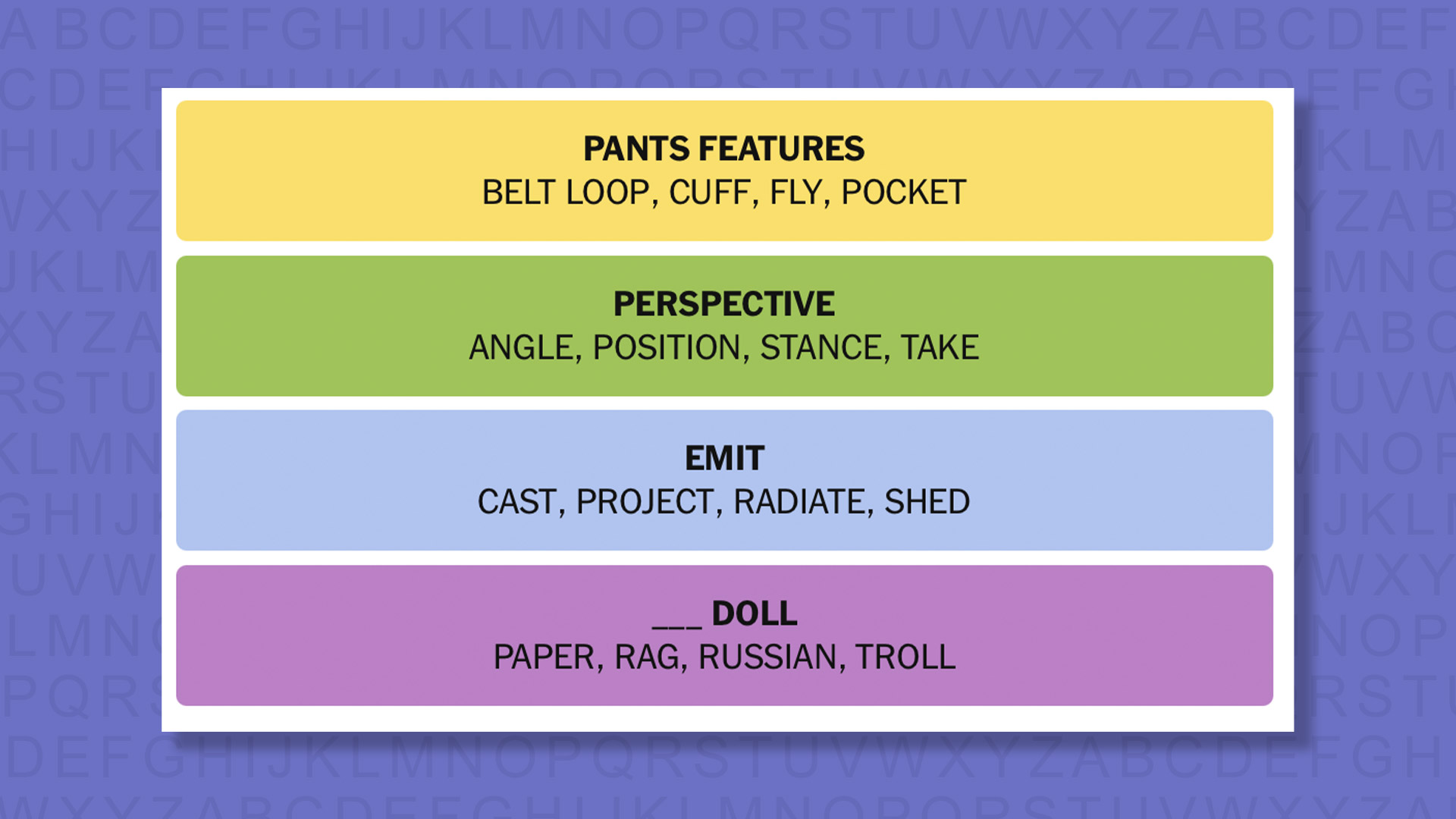 NYT Connections answers for game 1036 on a purple background