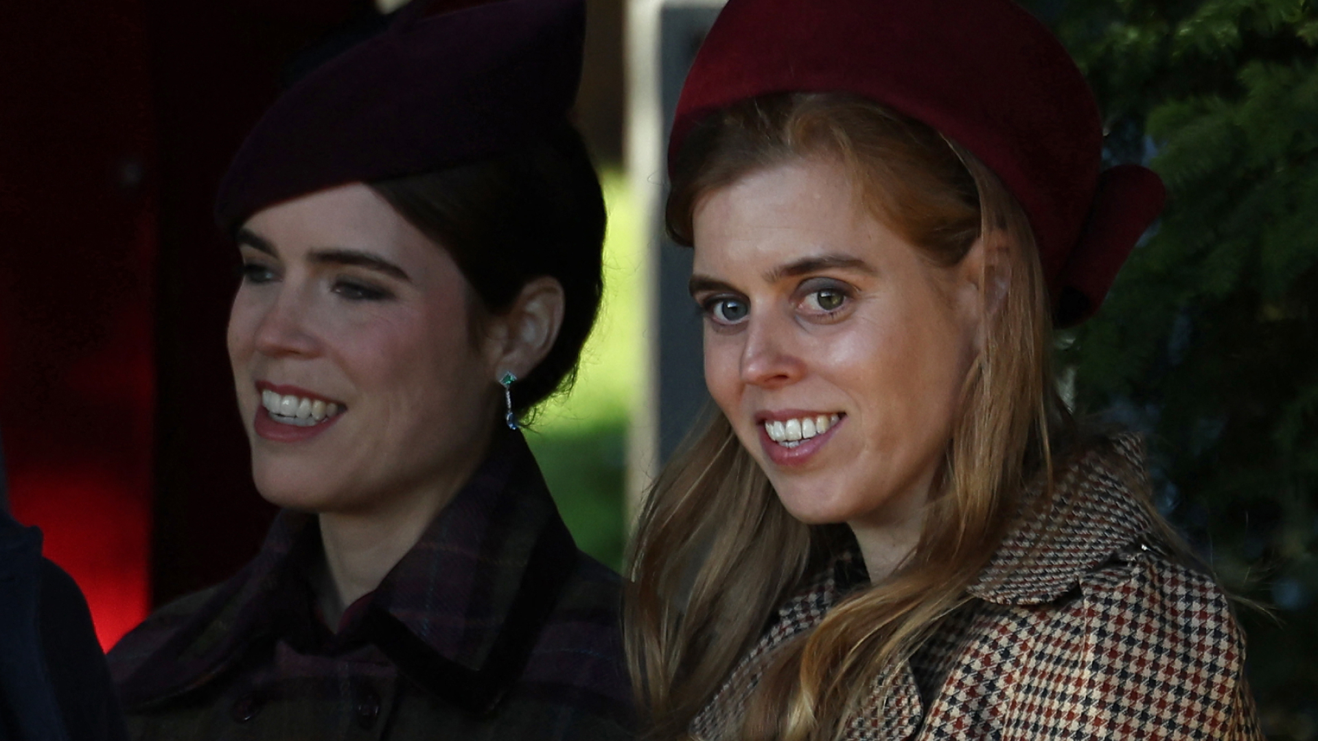 Princess Eugenie and Princess Beatrice attend church on Christmas Day 2025 wearing matching red hats