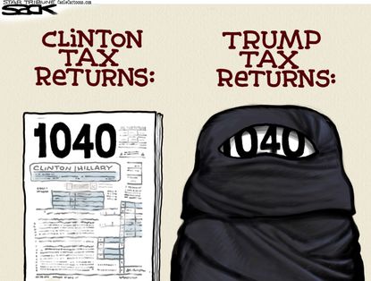 Political cartoon U.S. Hillary Clinton Donald Trump tax returns election