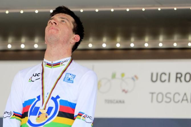 Newly crowned U23 men's TT champion Damien Howson (Australia) soaks it all in in the podium