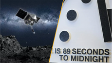 Split image of artist's impression of asteroid probe and the Doomsday Clock.