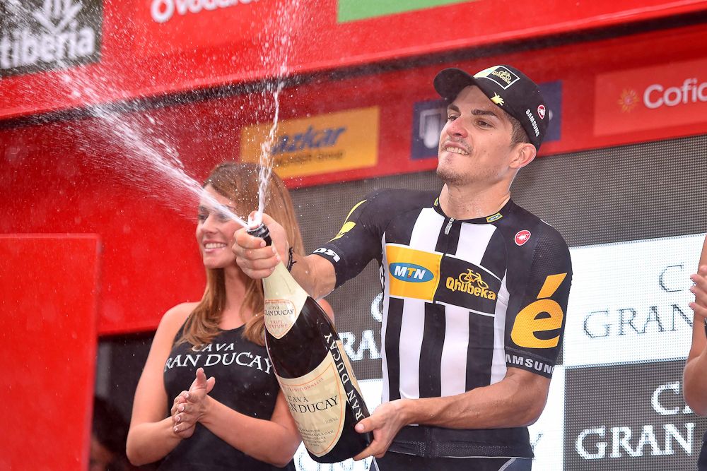 Kristian Sbaragli (MTN-Qhubeka) celebrates on the stage 10 podium.