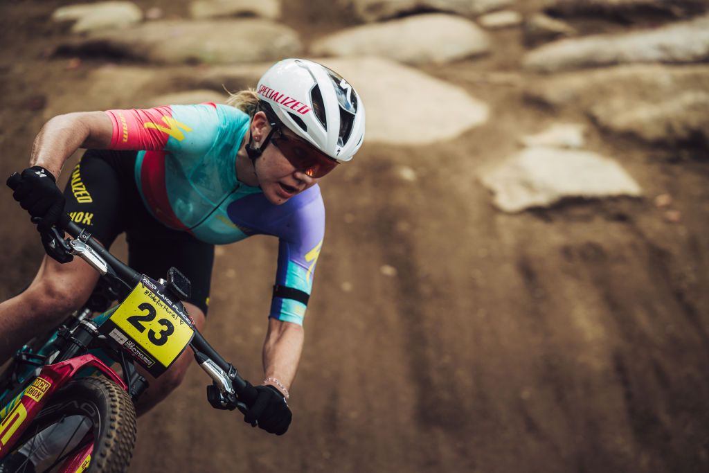 LAKE PLACID NEW YORK SEPTEMBER 29 Sina Frei of Switzerland competes in the UCI Mountain Bike World Cup Lake Placid Cross Country XCO Women on September 29 2024 in Lake Placid New York Photo by Piotr StaronGetty Images