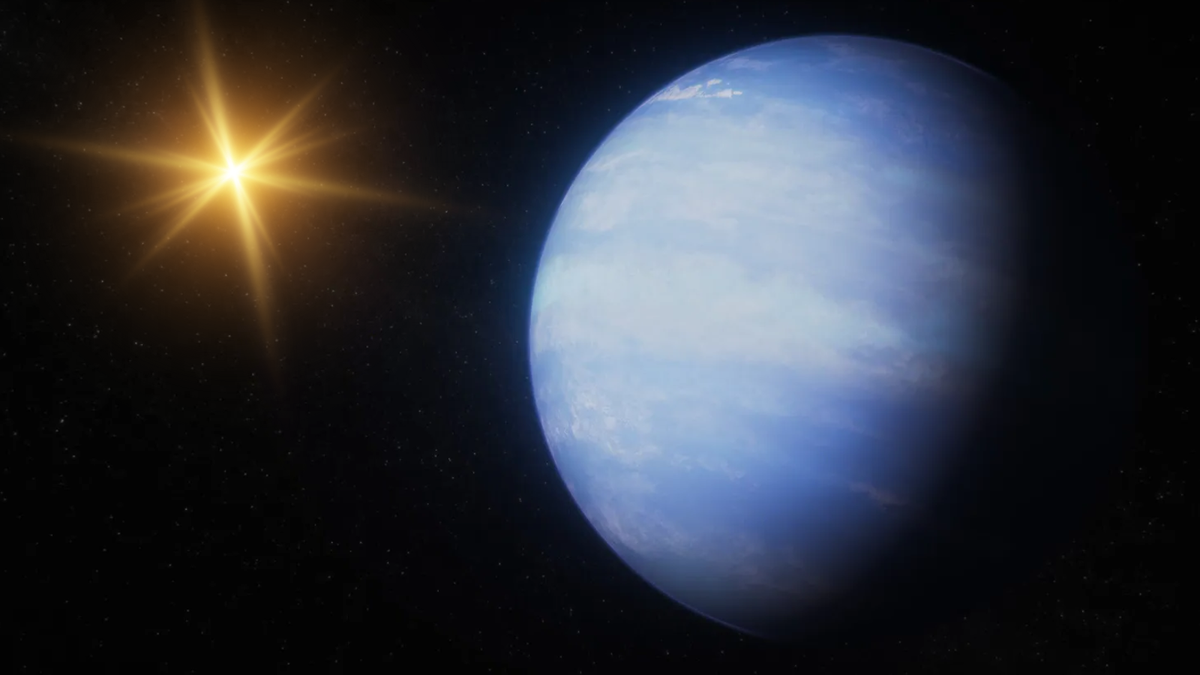 An illustration of the inflated exoplanet WASP-107 b orbiting its star