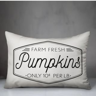 Fall throw pillow on grey background with pumpkin black text on