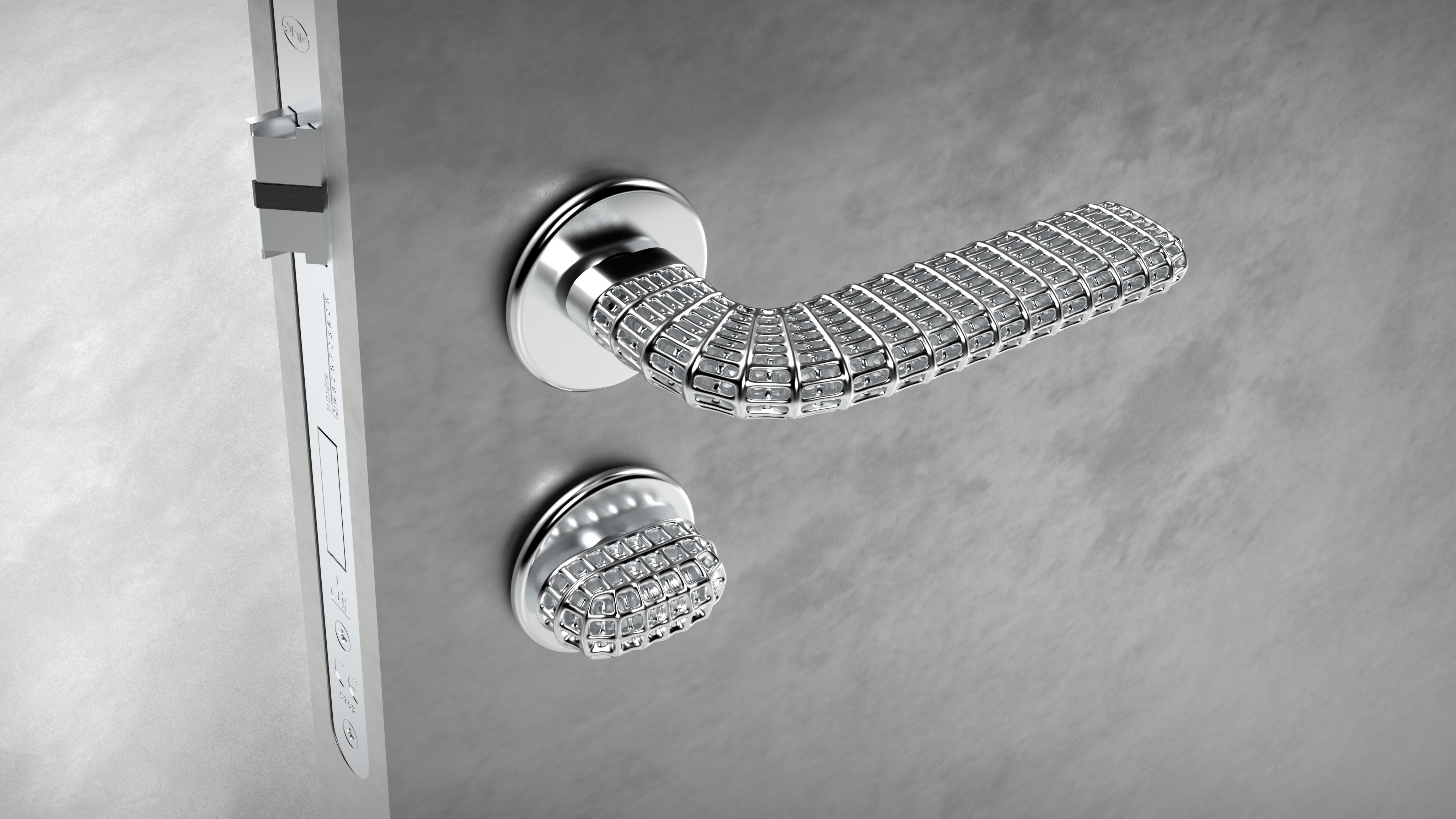 silver door handle on grey door