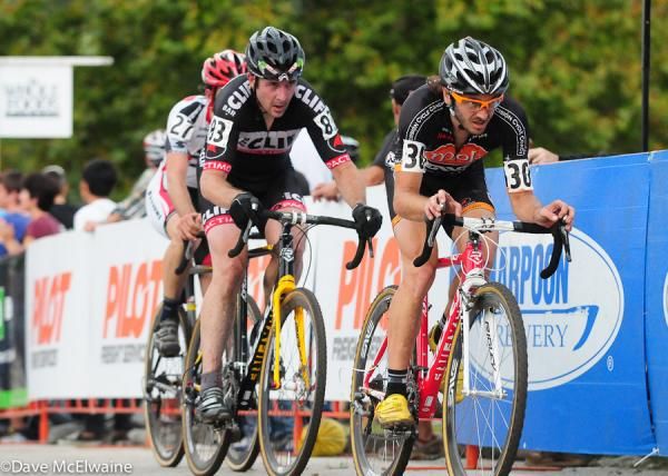 Jon Hamblen (Mock Orange Bikes) leading Mark McCormack with one lap to go