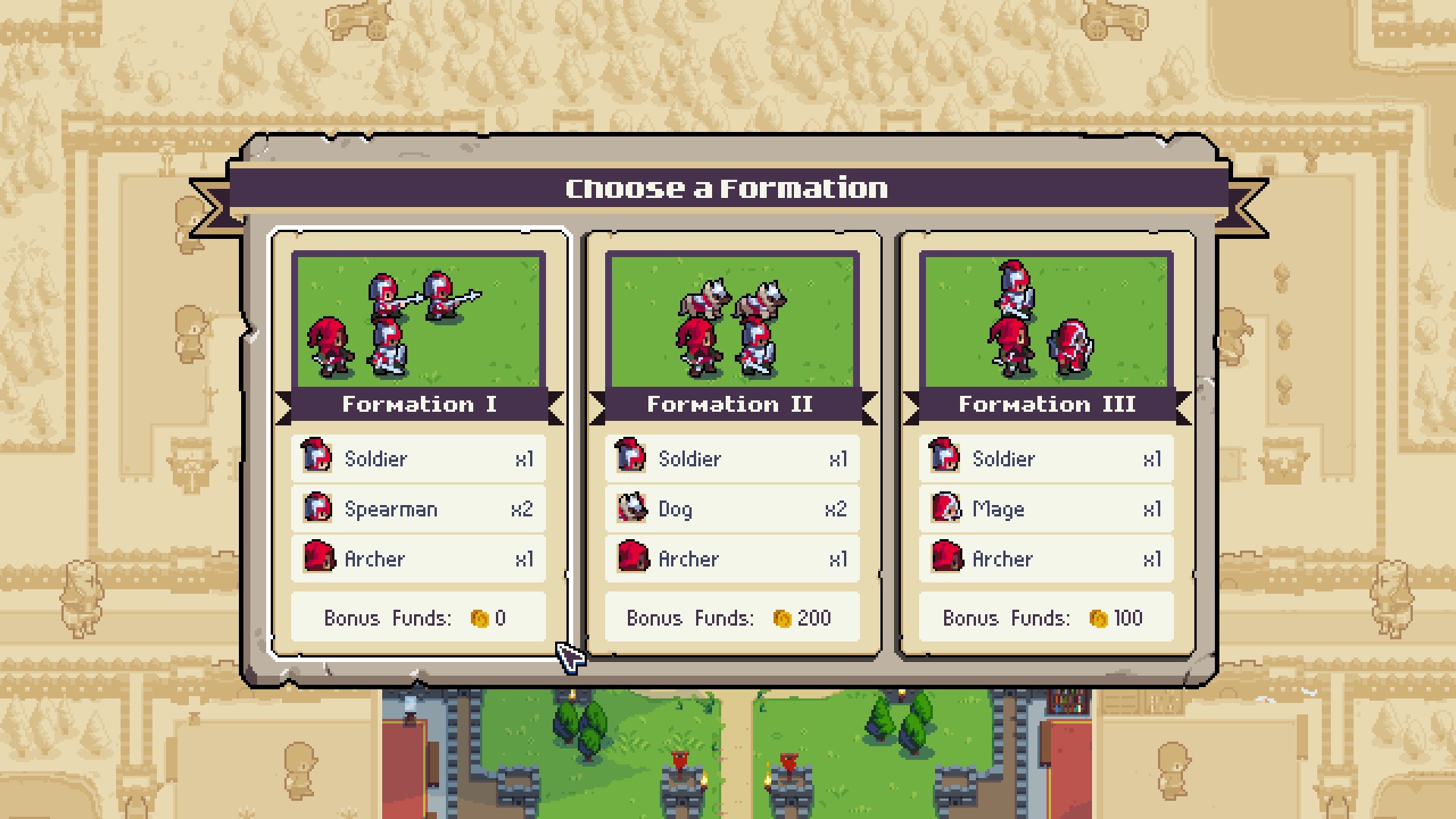 Different formations in Wargroove 2 conquest mode.