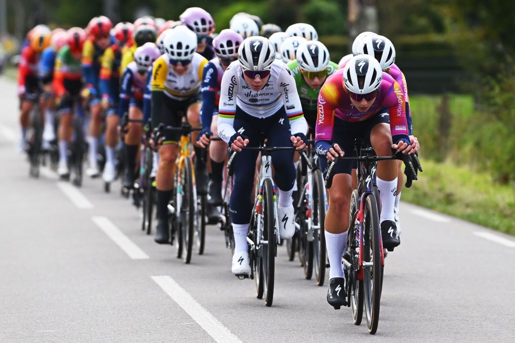 EDE NETHERLANDS OCTOBER 11 LR Lotte Kopecky of Belgium and Femke Gerritse of The Netherlands and Team SD Worx Protime compete during the 26th Simac Ladies Tour 2024 Stage 4 a 1182km stage from Ede to Ede UCIWWT on October 11 2024 in Ede Netherlands Photo by Luc ClaessenGetty Images