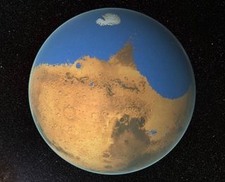 Before this slow process dried out the planet, Mars may have been covered by a vast ocean. This illustration shows how the planet may have looked billions of years ago.