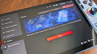 Battery calibration menu on MSI Claw 8 AI+.