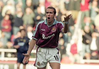 Best West ham retro shirts 2022: The best classic football shirts the Hammers have ever had: Paolo Di Canio of West Ham United expresses an opinion during the FA Carling Premiership match against Wimbledon at Upton Park in London. West Ham United won the match 2-1.